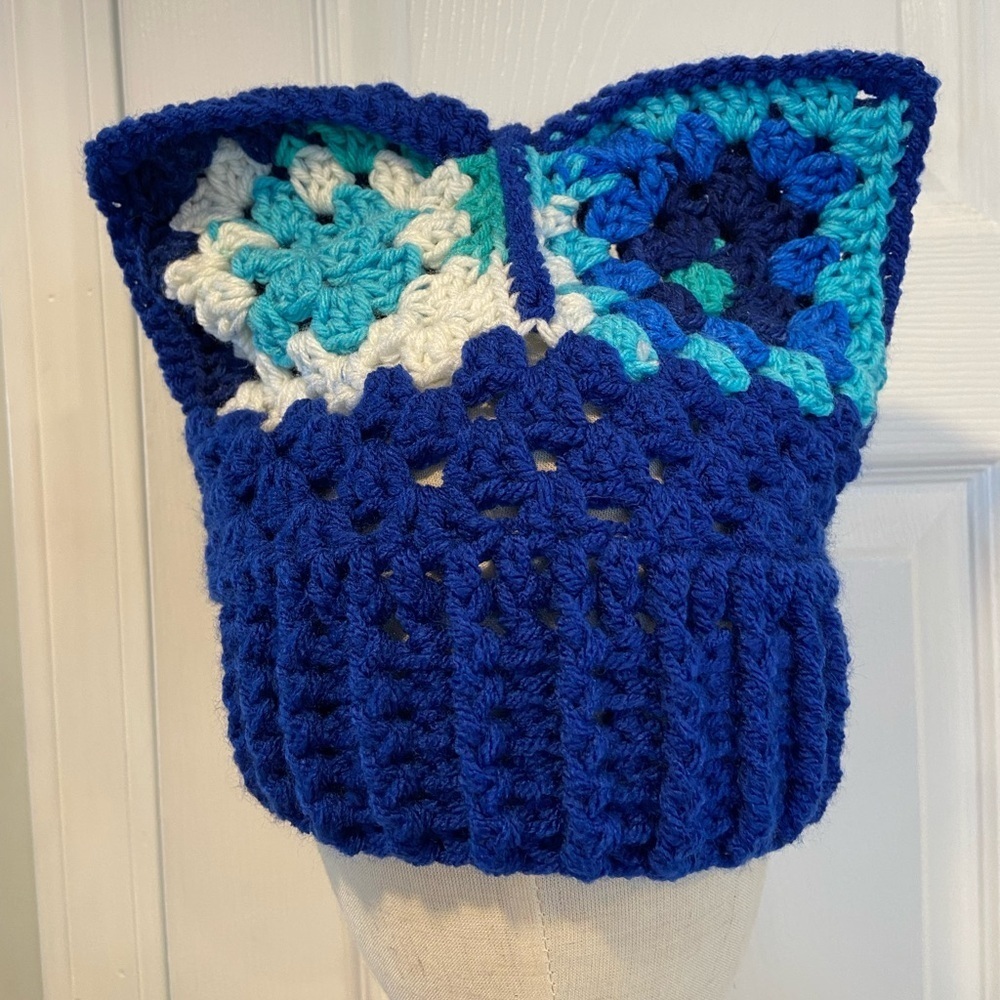 Handmade Crochet Cat Animal Ear Beanie Hat Cozy Ribbed Brim Stretch Winter Hat
